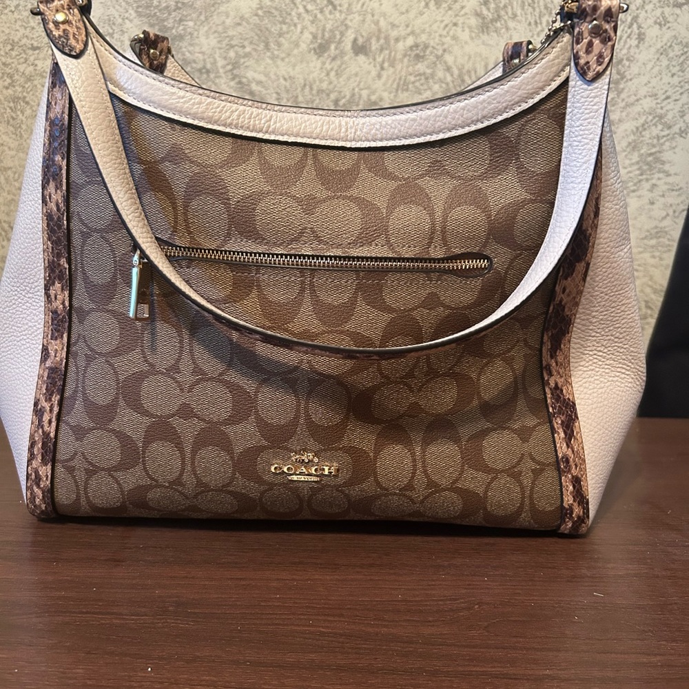 Coach Signature Shoulder Bag In Cream and Brown with Snakeskin trim